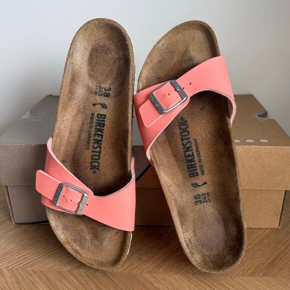 Birkenstock Madrid Patent Coral Peach Slip On Sandals - SZ Men 5- Women 7 - Picture 1 of 11